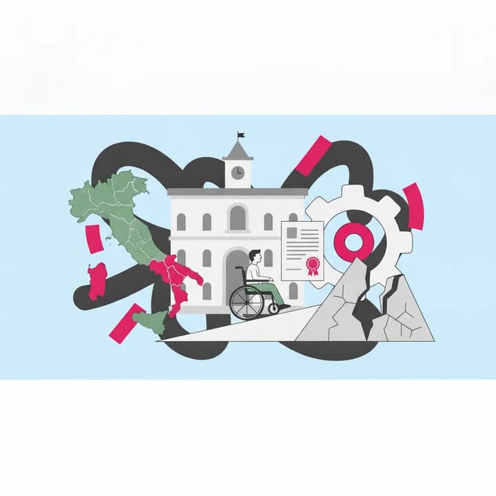 Illustrazione grafica con colori azzurro e bianco che mostra un percorso urbano accessibile con una persona in carrozzina, in stile editoriale moderno e inclusivo.