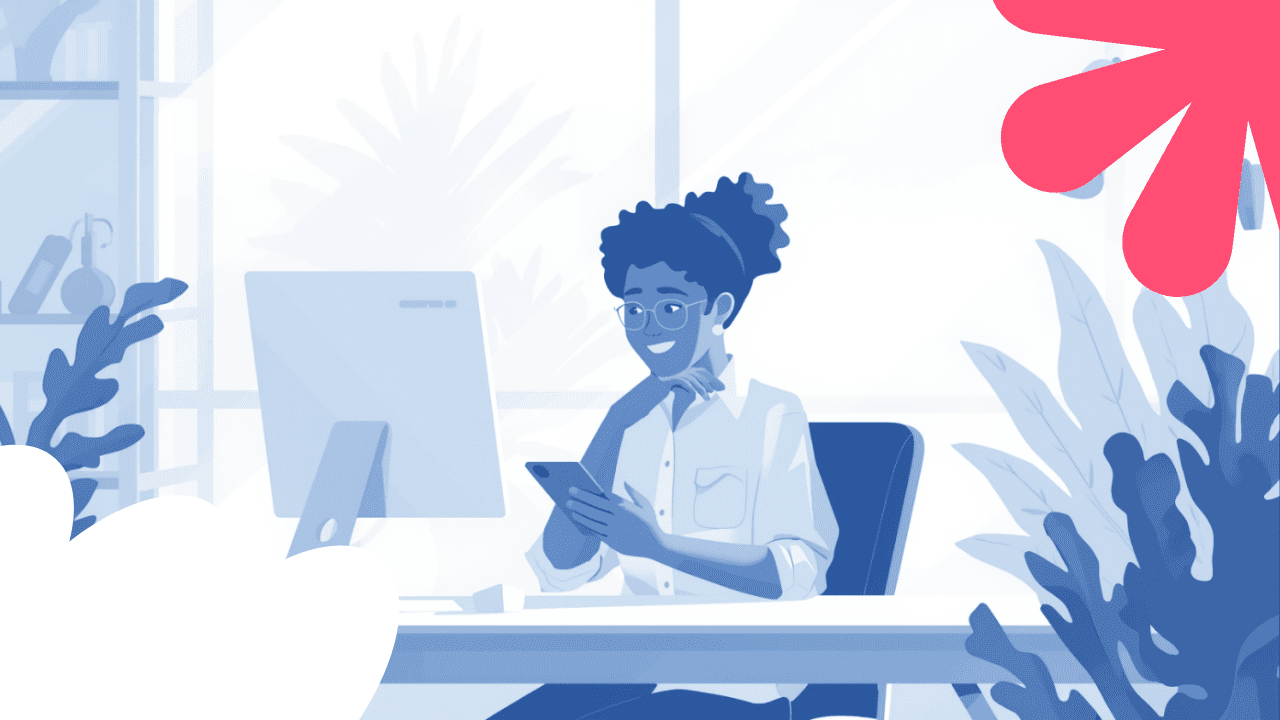 Illustrazione di una persona seduta alla scrivania che usa uno smartphone davanti a un computer, in un ambiente luminoso con piante. Stile grafico azzurro e bianco, tono positivo e inclusivo.
