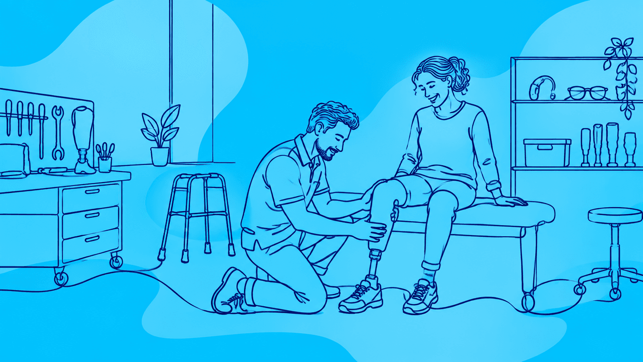 Illustrazione a linea continua su sfondo azzurro: un tecnico applica una protesi alla gamba di una persona sorridente in un laboratorio con ausili, un deambulatore e occhiali.