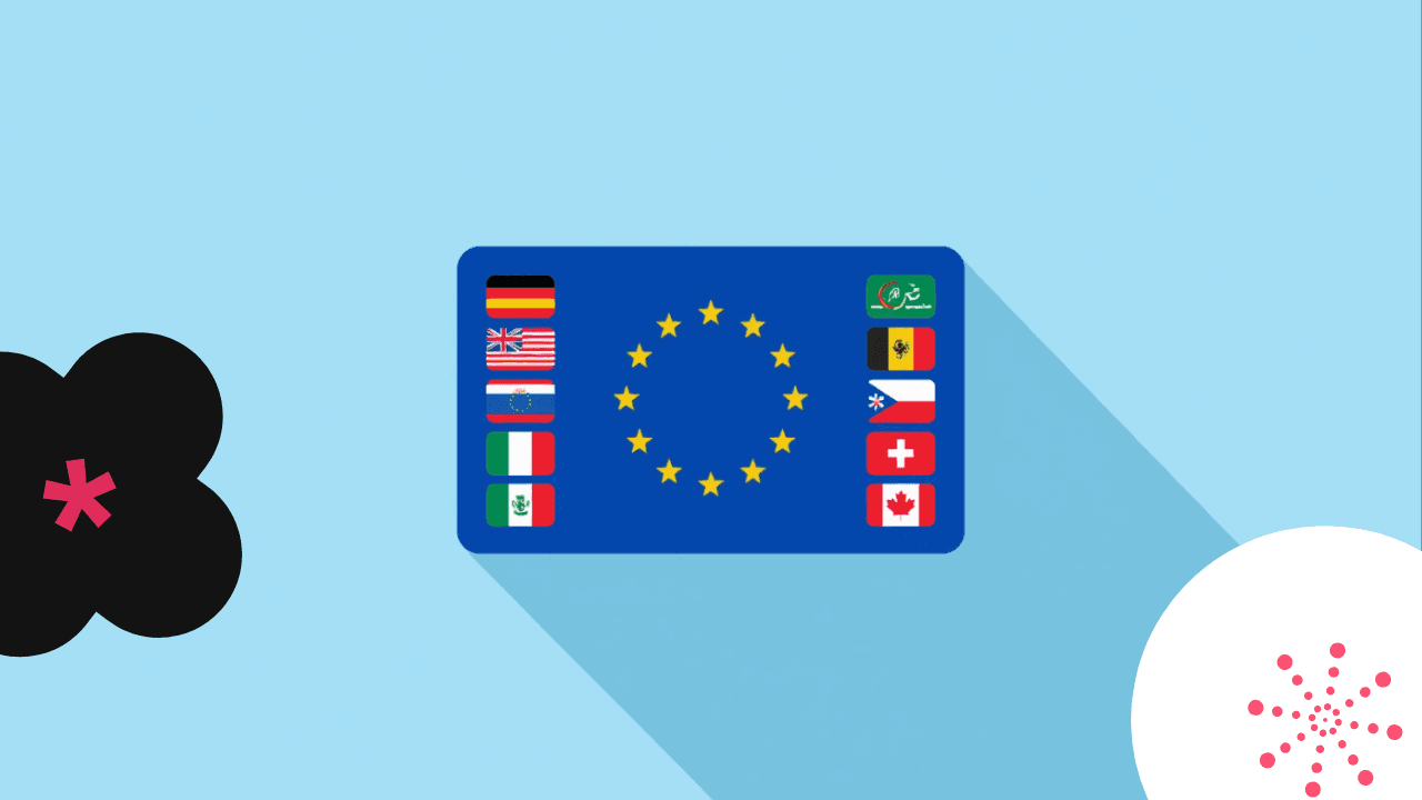 Illustrazione di una tessera digitale e simboli europei su sfondo azzurro, con elementi che rappresentano mobilità e cultura accessibile.