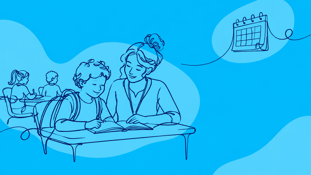 Illustrazione a linea continua su sfondo azzurro: un bambino con lo zaino e un'insegnante di sostegno leggono insieme un libro a un banco, con i compagni sullo sfondo e un calendario.