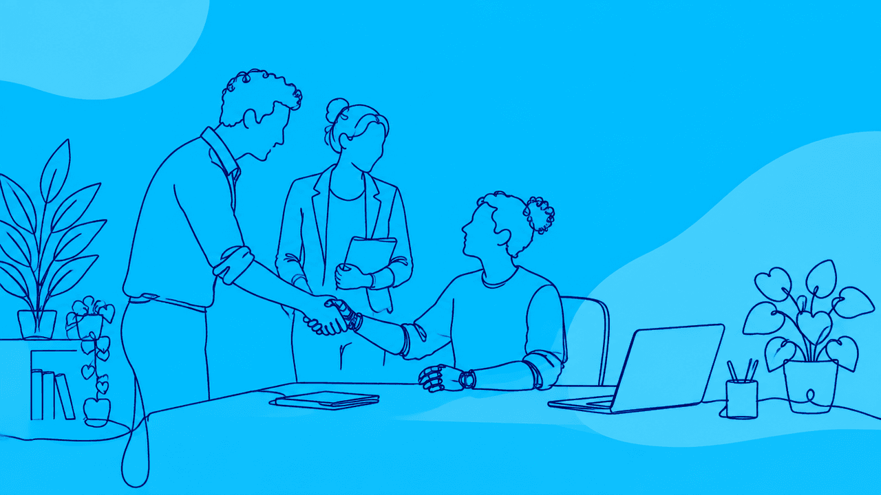 Illustrazione a linea continua su sfondo azzurro: un giovane con una protesi al braccio stringe la mano a una collega in un ufficio, con un computer e delle piante.
