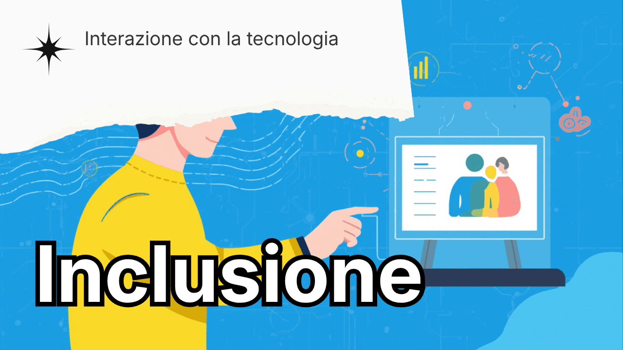 Illustrazione di una persona con disabilità visiva che interagisce con un assistente vocale digitale, su sfondo azzurro con elementi tecnologici.