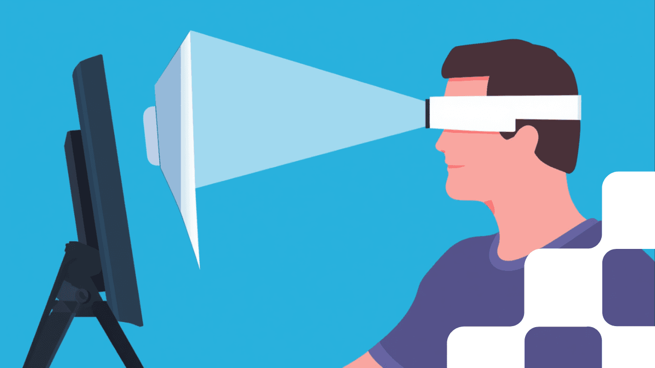 Illustrazione di una persona con disabilità motoria che usa un puntatore oculare per comunicare su uno schermo, su sfondo azzurro con elementi tecnologici.